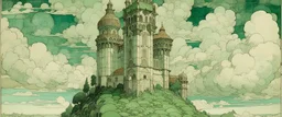 A pale green castle in the clouds designed in medieval tapestry painted by Auguste Rodin