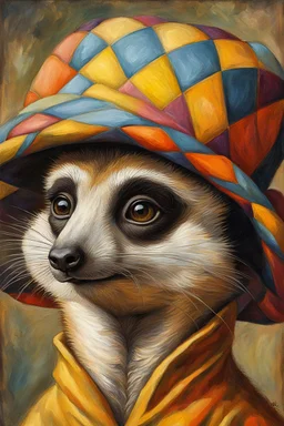 Imagine an anthropomorphic meerkat with a harlequin hat ,by Judith Leyster. in the style of August Macke, John Blanche. Modifiers: oil on canvas vibrant imperial colors hyperrealistic ultra detailed crisp quality whimsical muted colors Decadent 64K, UHD, HDR, HQ anthropomorphic face dark, gloomy, mysterious ©Miwi metallic bronze accents