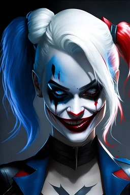 Harley Quinn, black suit, white hair and blue and red details on it, evil smile