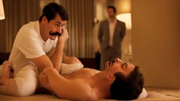 man passed out on hotel room floor while his mustached boyfriend stares at him longingly