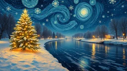 In the style of van gogh starry night,a wide shot angle of a Christmas tree, spreading Christmas joy in an glowing snow,riverside,reflections in the water,mistletoes