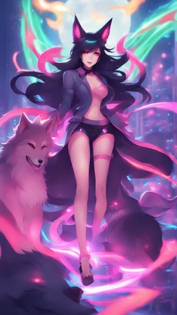 A close hot picture of Ahri with black hair and Clothes and nine Sia with neon glowing