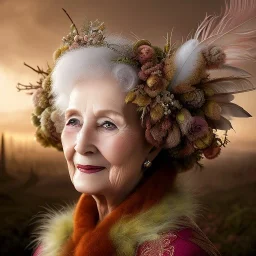 woolitize, 80 years old woman, rusty metal, feathers, Dryad, fae, sidhe, ominous, nature, plants, wildflower, facepaint, dnd character portrait, intricate, oil on canvas, masterpiece, expert, insanely detailed, 4k resolution, retroanime style, cute big circular reflective eyes, Pixar render, unreal engine cinematic smooth, intricate detail , soft smooth lighting, soft pastel colors