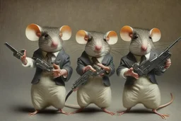 pulp-fiction costumed taxidermy mice with pistols in hands