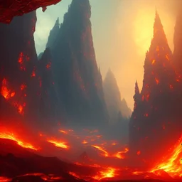 dynamic lighting, Intricately detailed, deep color, Unreal Engine, volumetric lighting, Hell landscape, Hell concept art, Hell fantasy artwork, Mountains, nightsky, orange, red, nebulae,