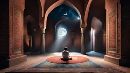 Hyper Realistic Photographic-View of a Man Worshiping-Namaz inside a prehistoric-brick-walled-mosque with pre-historic-carpets & Lalten on walls with moon-light-rays coming from outside Mosque-Window at dark-night showing dramatic & cinematic ambiance.