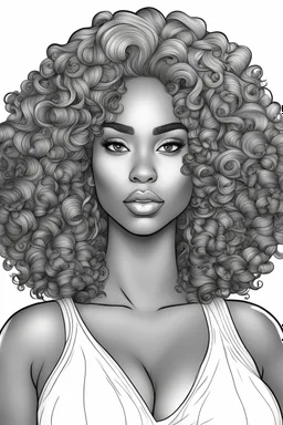 Create a coloring page of a beautiful curvy black female looking to the side with curly hair. No shading, No color, clean lines