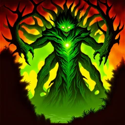 90's TCG art retro fantasy art of heroic tree creature with glowing green eyes