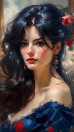 An exquisite and detailed impressionist portrait of a beautiful lady with flowing black hair, capturing the essence of Impressionist painting in the style of Konstantin Razumov and Pierre-Auguste Renoir. The textured paint brings depth and dimension to this realistic and finely detailed portrait, creating a hyper-detailed masterpiece. This piece of fine art, bordering on fantasy and concept art, is a stunning example of hyperrealism, with the lady's beauty, enhanced by the twilight and ethereal