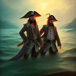 two pirate actors on beach, water, reflection, book cover, fantasy art, misty