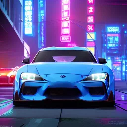 realistic fast and the furious toyota supra; in an alternate universe in tokyo; cyberpunk; realistic; rain; neon signs; 8k quality, by kyza ilustrator