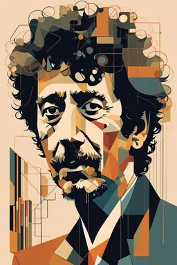 a highly detailed, abstract flat geometric portrait illustration of Bob Dylan in the minimalist style of Willi Baumeister, Federico Babina and Petros Afshar, sharply detailed and finely lined, in vibrant natural colors