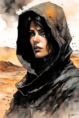 create an ink wash and watercolor, fine art print portrait illustration of a rugged gritty, roughly textured, hooded, black clad and dusty Fremen female mercenary with highly detailed feminine facial features, amidst the billowing desert storms of Arrakis, in the comic book art style of Bill Sienkiewicz, and Jean Giraud Moebius, finely textured, drawn, colored, and inked,