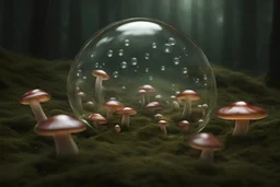 looking down a fairy ring of oversize transparent glass mushrooms, phtorealistic, one elf sitting