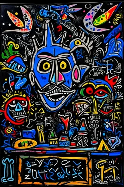 expressionism, Pixar style, in abstract art Basquiat, Picasso, Miro, Kandinsky, Klee, Birell, Fairey, Ardon, Buffet and Picasso style, HD --s 750 --v 5.1 --style raw, Acrylic colors black background