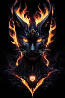 Captivating minimalist illustration of cosmic Catman, made up of intricately intertwined black flames. Her intense, bright eyes draw the viewer into her mesmerizing gaze, the pulsing energy of each flame creating a euphoric symphony within the heart. Dark background,the bright striped tail adds depth and dimension to the scene,evoking a feeling of dark fantasy, intriguing and mysterious aura. Vector pop art cinematic piece masterfully combines light and shadow, leaving the viewer in awe.Full bod