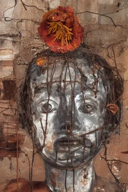 an abstract painting of rusted metal and flowers, by anselm kiefer and lucian freud, rust, scaffolding, iron cladding, decay, mixed media, textured, anatomically correct, beautiful perfect face, sharp focus, highly detailed