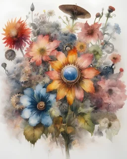 watercolor painting of many different types of colorful steampunk flowers by John Constable, splash of colors on a white background, vibrant colors, ultra sharp detail