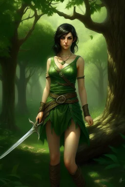 A young dark-haired witch in a green low-cut short skirt, standing under a tree, with a sword in one hand, photorealistic, delicate detail.