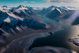 Extreme long shot, Birds Eye view, Alaska skyline, smooth, god rays, unreal engine 5, ray tracing, RTX, lumen lighting, ultra detail, volumetric lighting