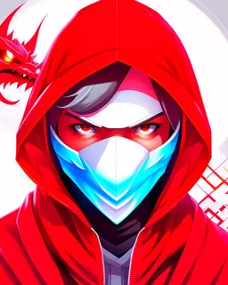 Draw an illustration with a red and white hood and a dragón mask over they eyes