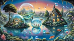 A imaginative illustration from of miniature creatures living in individual floating transparent bubbles. The gallery of bubbles features fantastical landscapes, each one unique and intriguing. In one bubble, a village of extraterrestrial beings thrives, while another features a mystical garden filled with fairies. Another bubble live elves, in another bubble a tropical paradise with dinosaurs. There are bubbles with alien planets, whimsical fairy-tale landscapes, icy land and futuristic city.