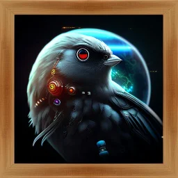 cyberpunk style ink small bird picture in detailed frame, big black eyes, unreal engine 5, 8k resolution, photorealistic, ultra detailed, frame extreme accurate