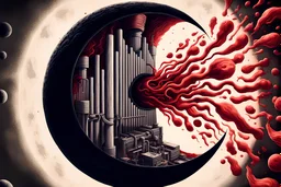 background cover of a dark, bloodish, organic, plasmatic dimensions flow from the black hole behind which is a lunar eclipse, inside there are pipes in the style of photo-realistic Stranger Things series like but without people