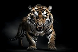 A captivating image of a attacking angry Siberian Tiger, poised on a vast field with a stark contrast between light and dark, conveys a powerful sense of tension. In this expertly captured photograph, the predatory animal stands tall, its muscular frame oozing strength and dominance. The sharpness of every detail accentuates the creature's primal aura, from its razor-sharp teeth and piercing eyes to its sleek, glossy fur. This mesmerizing image, with its impeccable composition