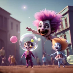 Ultra realistic circus scene. Sweet hair monster and Child’s playing, smile, happy, color bubbles, smooth color, waist up view, Wes Anderson style, dark ambient, highly detailed, concept art, unreal engine 5, god rays, ray tracing, RTX, lumen lighting, ultra detail, volumetric lighting, 3d, finely drawn, high definition, high resolution.