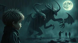 gentle, protective monsters fight with evil people, left side alone child gaze, random background random, deep dark color, , moon, mist, rain, highly detailed, weird , surreal dark fantasy mood style like T. Burton