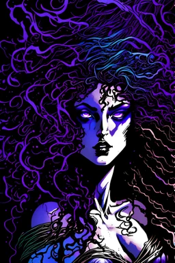 Goddess Deceased is a figure shrouded in mystery, comic book stlye her appearance a blend of dark allure and hidden power. Appearance: Hair: Her curly brown hair cascades in unruly waves, with streaks of vibrant purple highlighting the edges. The curls fall freely around her shoulders, framing her face like a wild, untamed mane. Eyes: Piercing blue eyes hold an enigmatic glint, reflecting depths of knowledge and ancient wisdom. has white pale skin