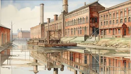 This image is a detailed watercolor depicting a bustling industrial scene. A calm, reflective body of water is shown in the foreground, with ripples and reflections of the surrounding structures. On the left side, there is a wooden building with a sloping roof, painted in a light brown. Next to it, a smaller structure with a red roof and chimney stands out against the muted beige and gray tones of the buildings in the background. In the middle ground, several industrial buildings dominate the sc