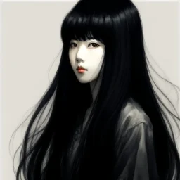 A Chinese girl with long black hair and bangs looking down in a blurry portrait, Overhead view, Chinese Ink style, full body, 4K, hyper quality