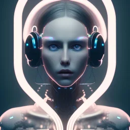 singer Danish MØ face, lumen lighting, led lights, <hanging wires> many wires connected to the head<perfect pupil> <cyborg> <garage> <sci-fi futuristic>