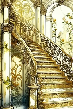 MAGIC, Staircase grotesque delicate filigree antiquity ivory watercolor openwork staircase cream roses, wild grapes, golden rococo filigree, botanical art, fairy-tale house magic balconies ink, sharp contrast, thin contour with white wire, anisotropic filtration, digital art,HDR,K.A.&art10.23, 5d, high detail, aesthetically pleasing, beautiful, realistic, high resolution