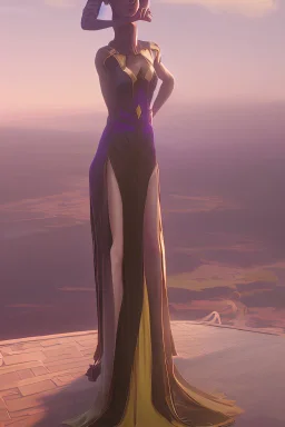 Stunning utopian gown with lavender and gold. Hyper realistic standing model
