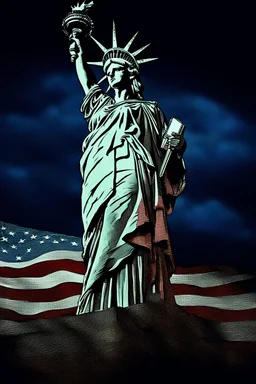 the statue of liberty, dress dirty and torn, her face solemn and terse, trash littered at her feet, she holds a crumpled american flag as she walks away, back to the viewer, under a dark and dreary sky