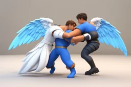 In 3d Mikros animation style. Jacob wrestling with angel.