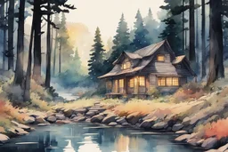 retro anime style, full color, dark serious 1980s anime style, A western cottage in the forest near a river, watercolor, forest,