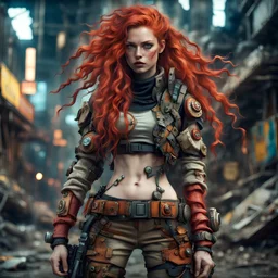 An attractive, woman with long, wavy, red hair wears unique, intricately detailed clothing in Cyberpunk style - extremely detailed, featuring a variety of materials, improvised, made from scraps and garbage, metal parts, hoses, belts, pockets, tools, dirty, rusty, torn, patched, faded, khaki - Wide Shot, hyper-realistic, extremely lifelike photorealism, a very realistic film scene, dystopian, post-apocalyptic environment, bright mood, contrasting light, cinematic.