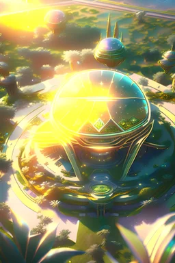 (((aerial view of an alien otherworldly magnificent diamond palace with a shining sun symbol on top))) alien vegetation, 8k resolution concept art, hyperdetailed, splash art, maximalist, octane render, cgsociety, Arnold render, soft, alien colors, centered