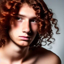 teen, male, with flowing red curly hair,head shot, model, real photo, soft lighting