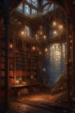 Forest library, autumn, many books,nature,natural lines, lamp garlands, twilight,dark,botanical maximalism boho style, hyperrealism, hyperdetalization, high quality, 32k, dark botanical, bionics, bionic elements,grunge, magic, fantasy, many complex details, filigree, clarity, sharpness, 8d painting, concept art, 35 mm, contrast