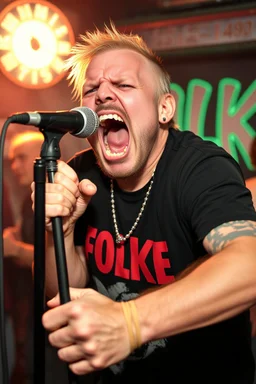 A very angry and bitter punk rocker screaming at microphone, very aggresive image in a club house, his name i FOLKE, and the name FOLKE in background