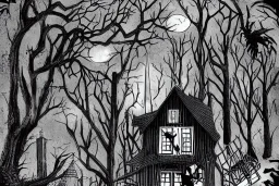  Wednesday Adams, black and white, tall narrow scary house , pointy roof, cursed trees , dense dark forest, forest background, spiders, bats, bones, Escher style