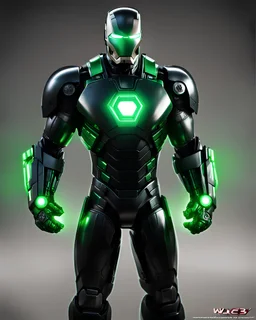 Super IRONMAN armor, kryptonite powered, black armor, black chrome, green lights, built by wayne enterprises, designed by stark industrieshttps://stablecog.com/generate?o=37b70ee1-cbf6-4de2-8ffe-0e02f33ce34f photorealistic, military display, weapons test,