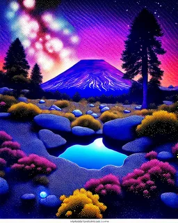 Hyperrealistic, colorful, peaceful landscape, Polaroid photo, night sky filled with galaxies, planets and stars, rocks, trees, flowers, sharp focus, 8k, deep 3d field