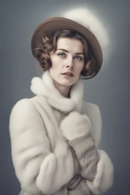 Portrait of a vintage woman in winter half body on a white background