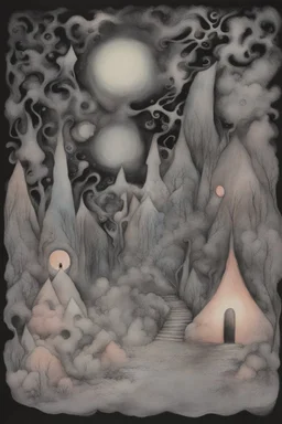 Liminal Dreamscape nightmares; Primitive Art; Ink Wash; Black With Iridescent Pastels